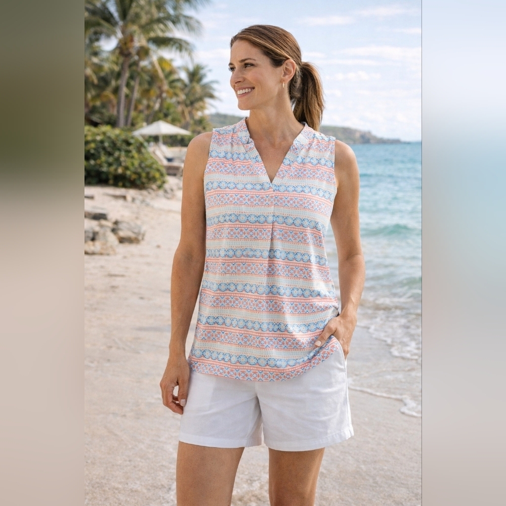 Coolibar Sleeveless V-Neck Printed Sun-Protective Top in Coral and Light Blue